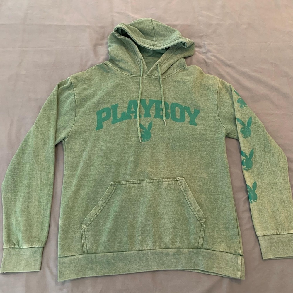 Playboy Hoodie Mens Small Green Bunny Logo Sleeve Graphic Pullover‎ Sweatshirt